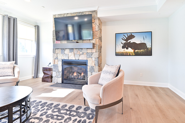 The image shows a modern living room with a stone fireplace, a mounted TV, and moose artwork on the wall, completed with cozy seating.