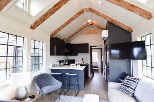 A modern tiny house interior featuring a kitchen with dark cabinets, high ceilings with exposed beams, a living area with chairs, sofa, and a wall-mounted TV.