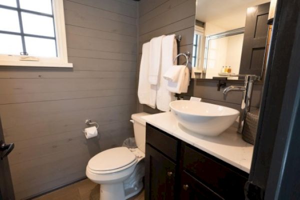 A modern bathroom with a sink, mirror, towels, toilet with tissue holder, and a window, all set against wooden paneled walls.