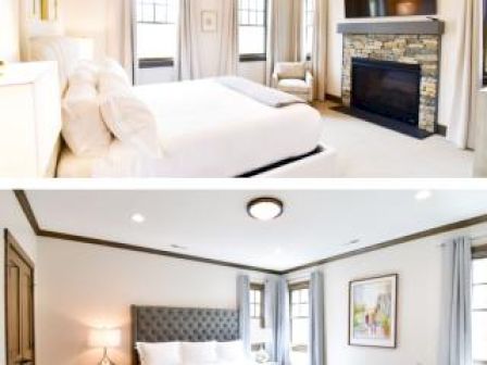 The image shows two modern bedrooms. The top one features a fireplace and wood ceiling; the bottom one has a grey upholstered bed and a minimalist design.