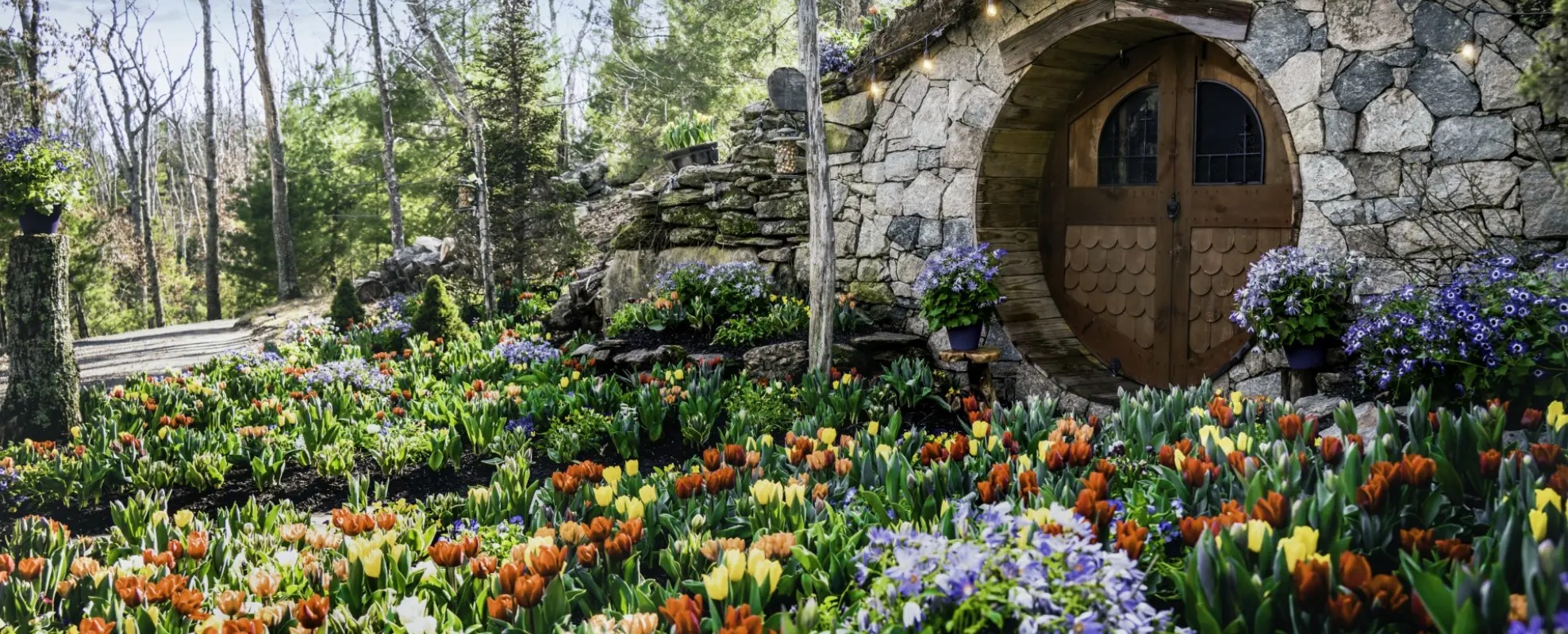 A circular wooden door set in a stone wall, surrounded by colorful tulips and greenery, reminiscent of a cozy, hobbit-like dwelling in a forest.