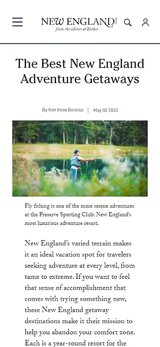 An article titled "The Best New England Adventure Getaways" with an image of a person fly fishing outdoors.