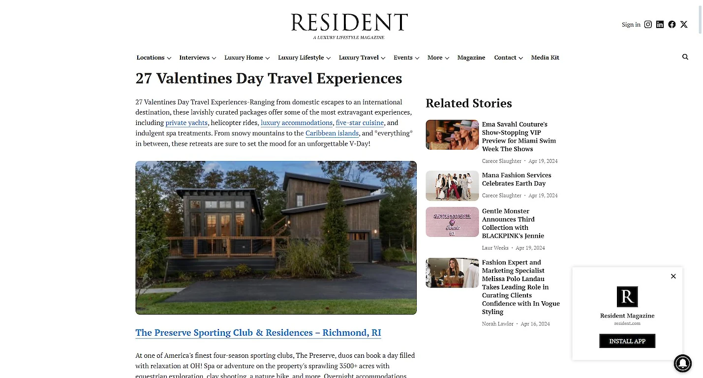 An article titled "27 Valentines Day Travel Experiences" lists romantic destinations. It features an image of a modern cabin and related stories on the right.