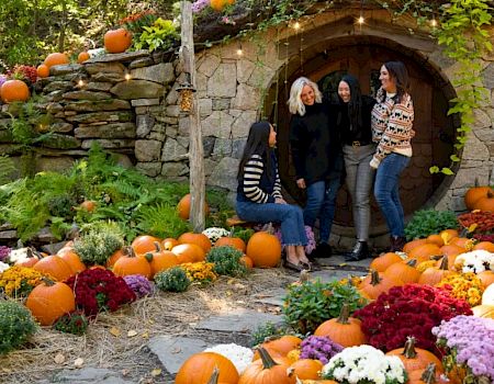 Group of women at The Preserve's Hobbit House surrounded by pumpkins and fall flowers