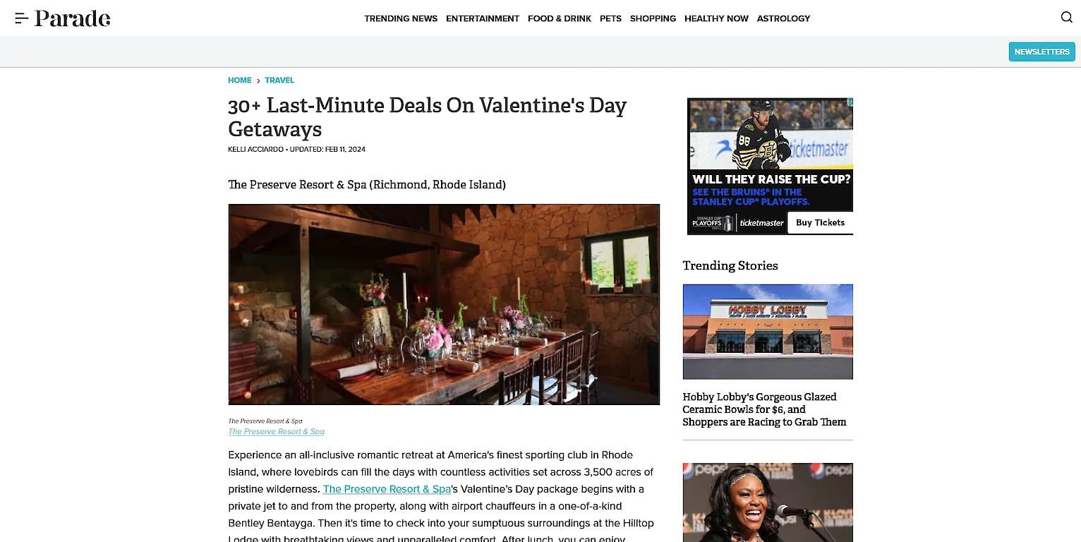 This is a website article titled "30+ Last-Minute Deals On Valentine’s Day Getaways." It features The Preserve Resort & Spa.