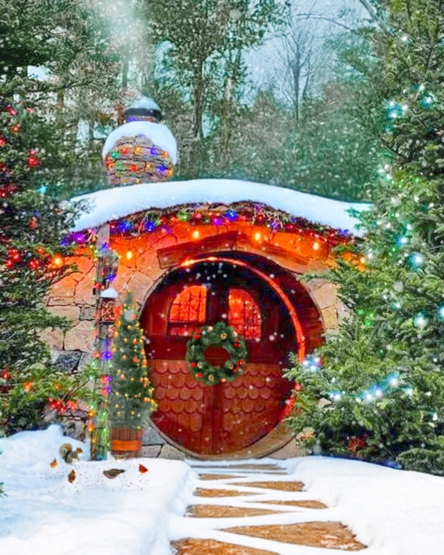 A festive, snow-covered hobbit house with a round door, surrounded by decorated trees and a stack of logs in a winter forest scene.