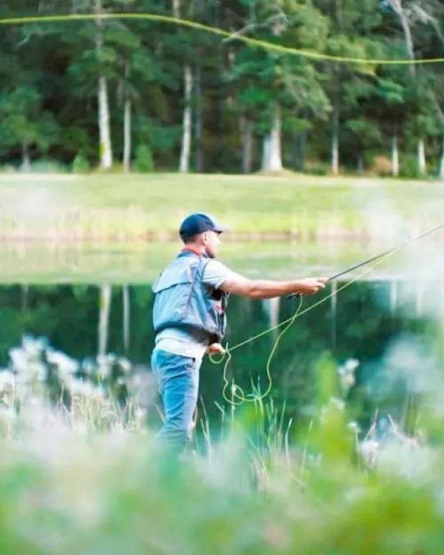 A person wearing a cap and vest is fly fishing by a calm lake surrounded by greenery, with a forest visible in the background.