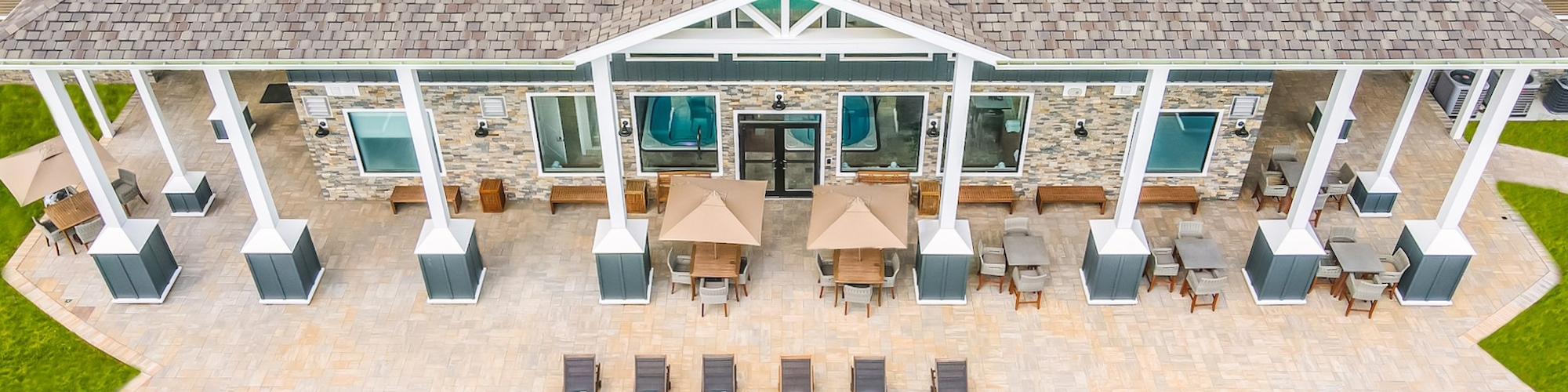 Overhead view of the luxurious Hilltop Spa Terrace with pool at Preserve Resort & Spa event venue.