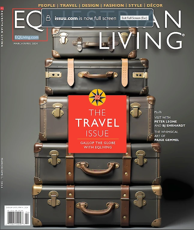 The image is a magazine cover of "Equestrian Living" featuring a stack of vintage suitcases with a red banner stating "THE TRAVEL ISSUE."