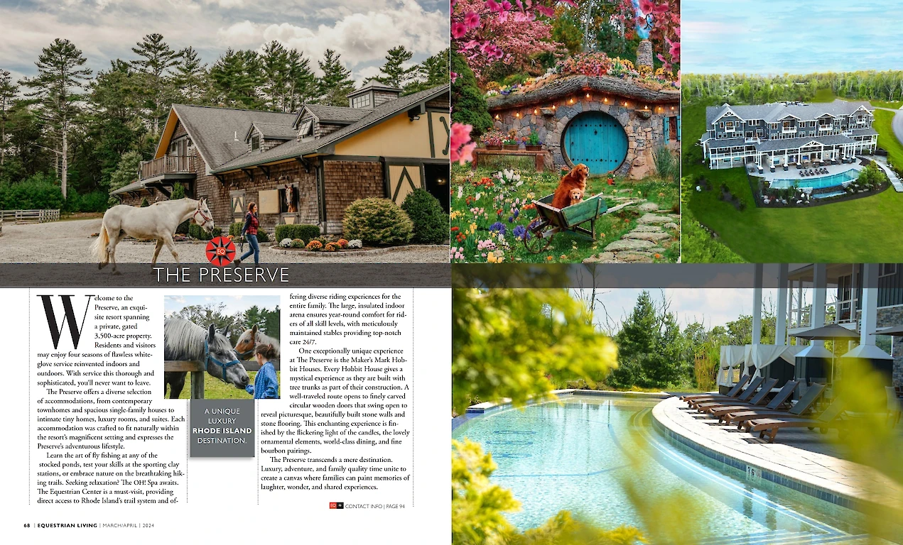 The image shows a magazine spread about "The Preserve" with text, photos of buildings, a horse, a pool, and a landscape, arranged in a grid format.