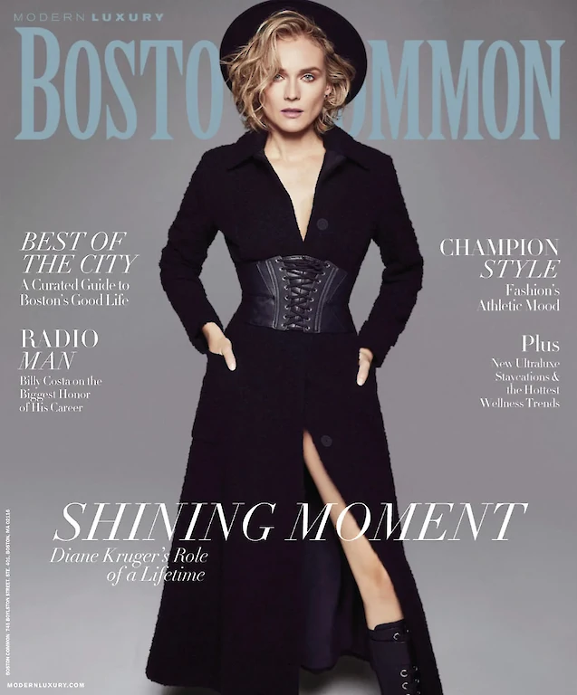 A person in a black outfit and hat is featured on the cover of Boston Common magazine, with various article headlines around them ending the sentence.