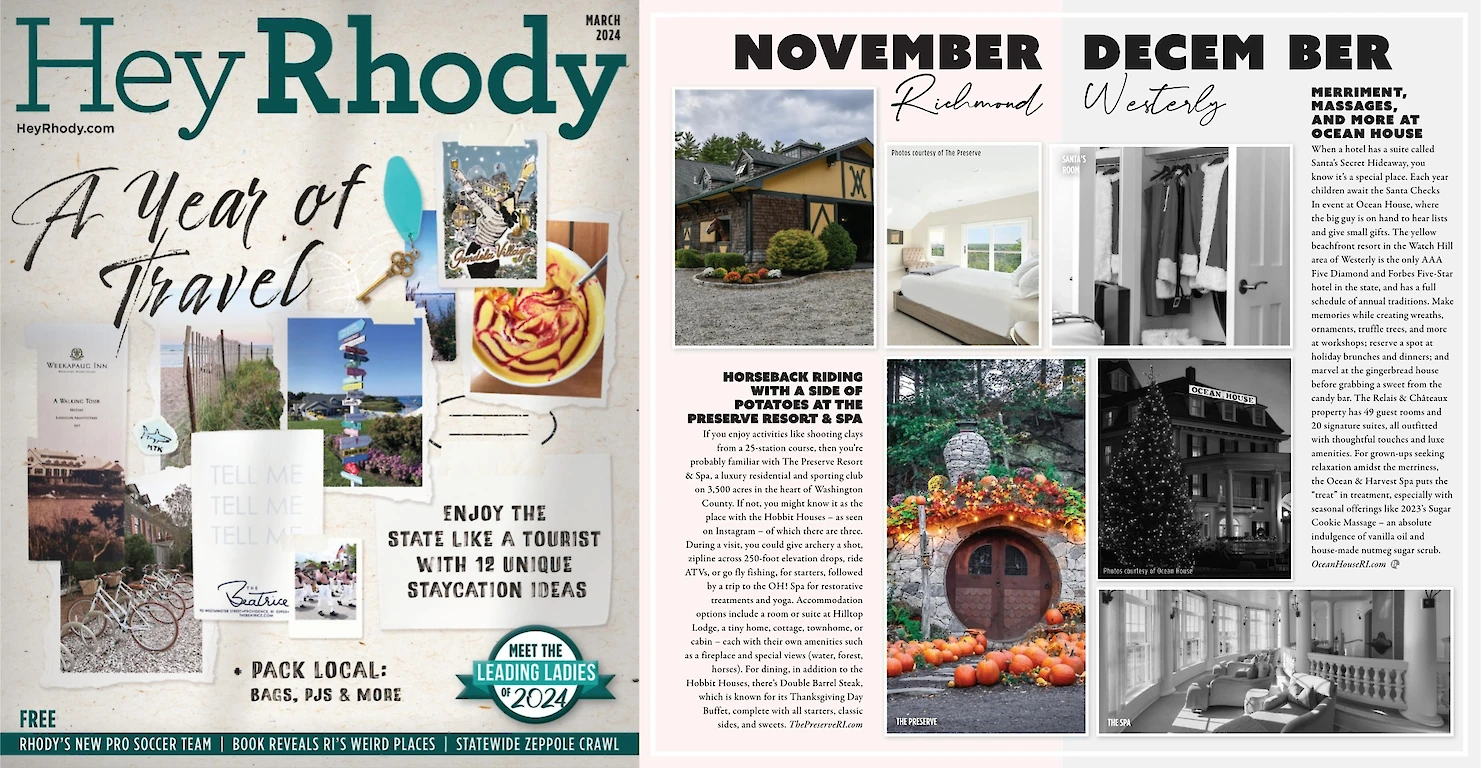 The image shows a magazine spread from "Hey Rhody," promoting a year of travel with local staycation ideas, including recommendations for November and December.