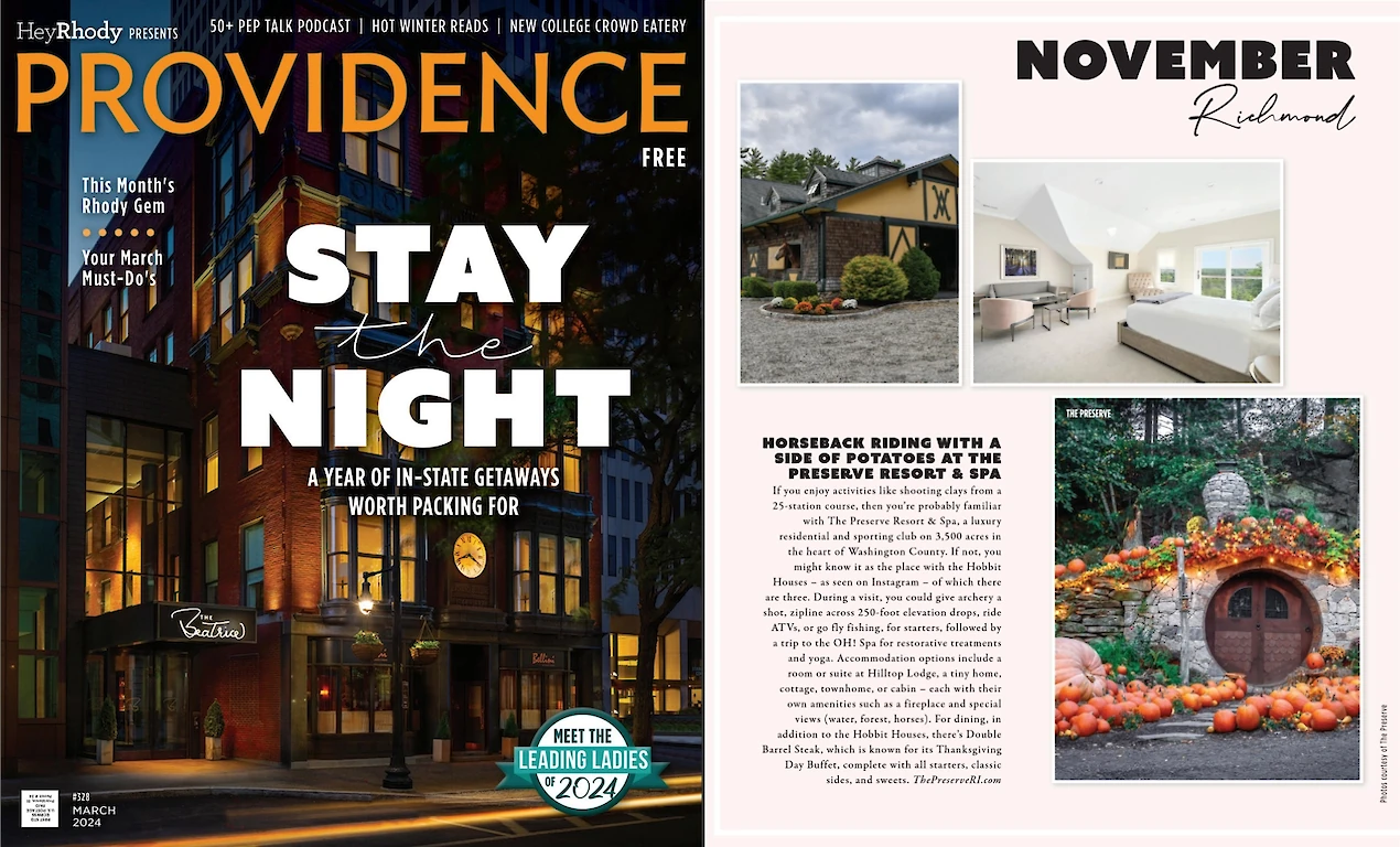 The image features a magazine cover and an interior page. The cover promotes Providence and staycation ideas; the inner page highlights a November getaway.