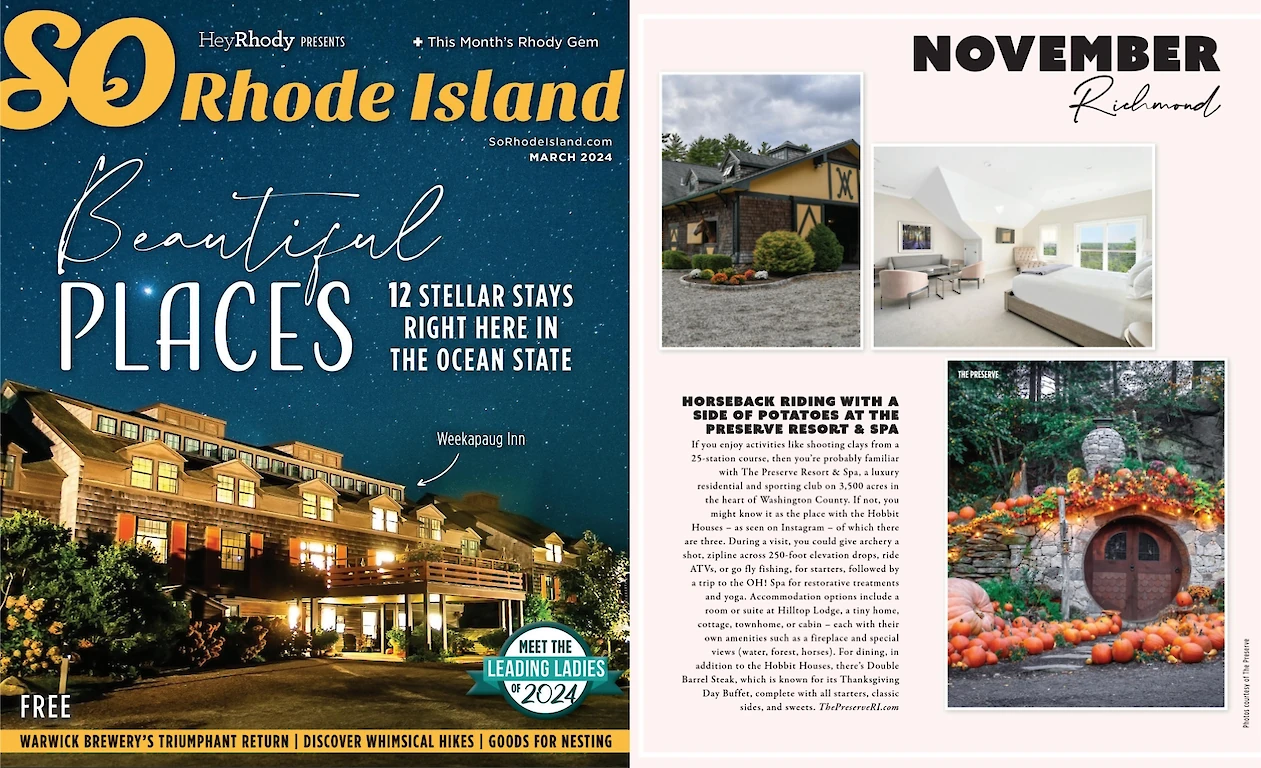 The image shows a magazine cover titled "So Rhode Island" highlighting beautiful places. It features pictures and a section about "Horseback Riding."