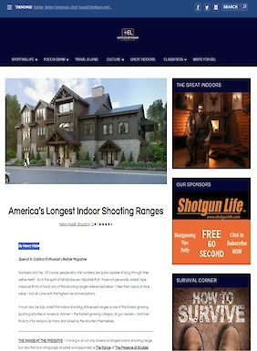 This image shows a webpage featuring an article titled "America's Longest Indoor Shooting Ranges," with images and advertisements on the sides.