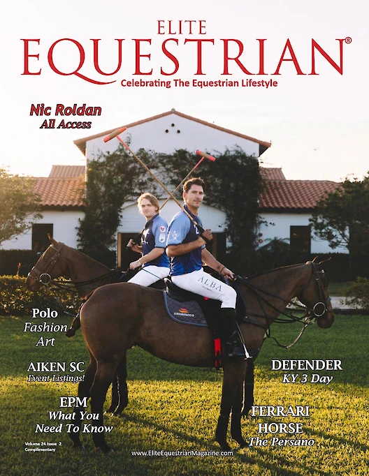 This image is a magazine cover titled "Elite Equestrian" featuring two individuals on horses with various article highlights related to the equestrian lifestyle.