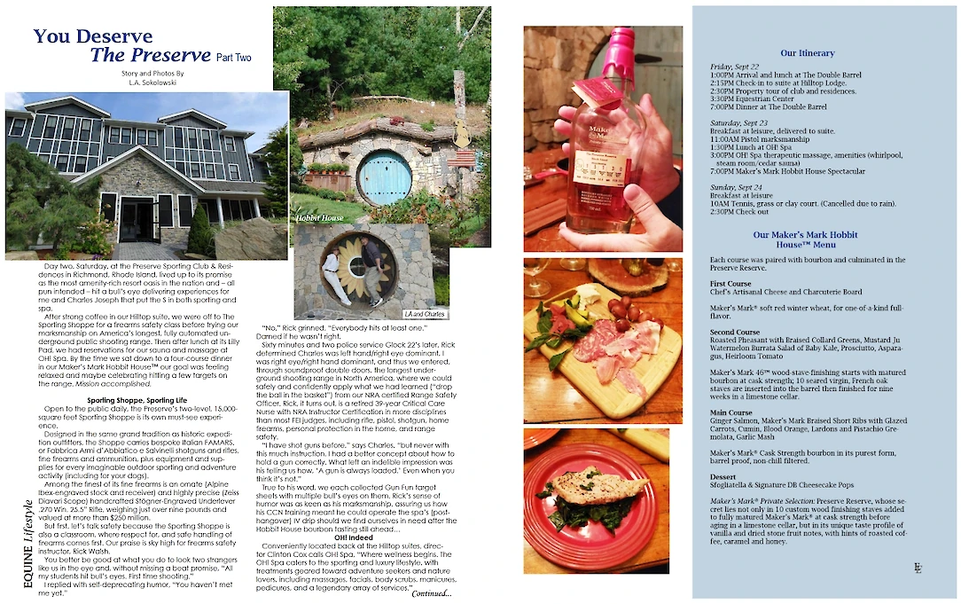 This image shows a magazine layout featuring an article on "The Preserve", images of a building, circular entrance, wine, and food, ending the sentence.