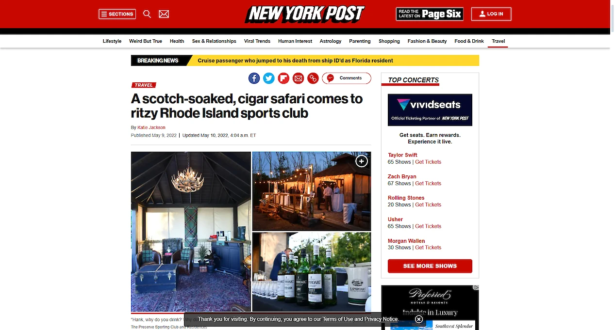 A New York Post article titled "A scotch-soaked, cigar safari comes to ritzy Rhode Island sports club" with images of luxurious settings.