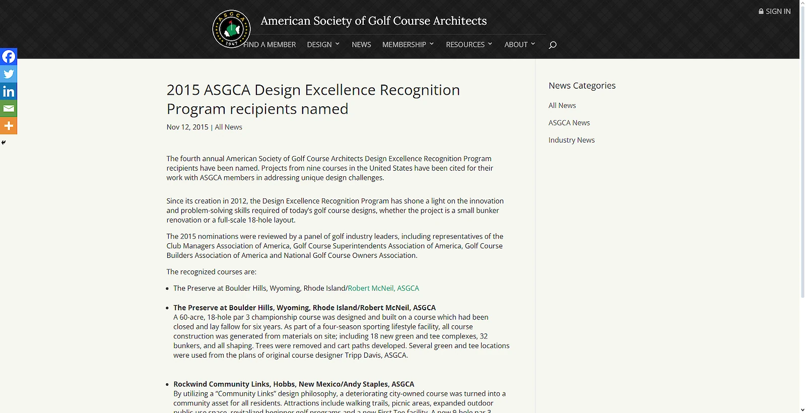 This image shows a webpage from the American Society of Golf Course Architects announcing the 2015 Design Excellence Recognition Program recipients.