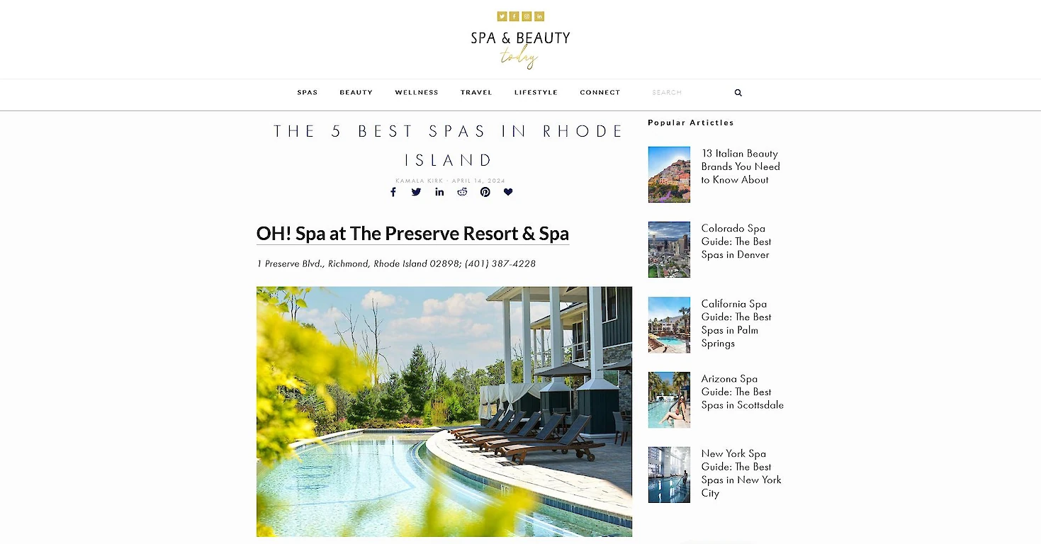 An article about "The 5 Best Spas in Rhode Island" features OH! Spa at The Preserve Resort & Spa.