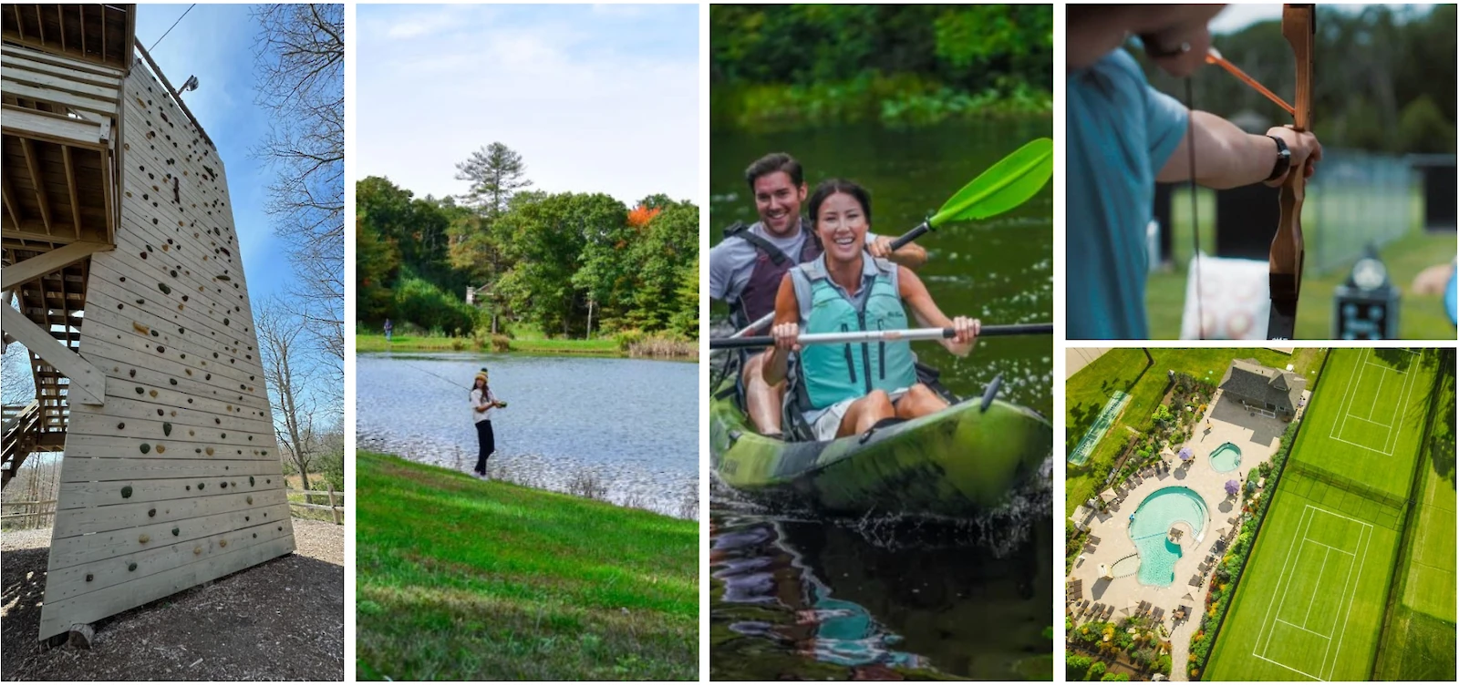 Image collage of outdoor activities: rock climbing, fishing, kayaking, archery, plus an aerial view of a pool and tennis courts.