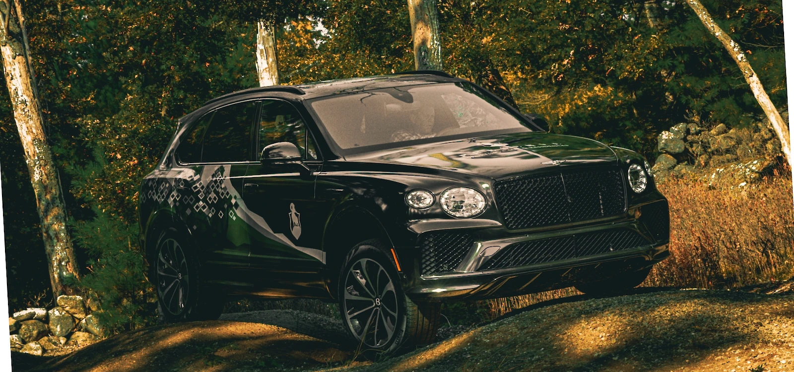 A dark SUV is driving off-road in a forested area, surrounded by trees and dirt paths, featuring distinctive patterns on the side.