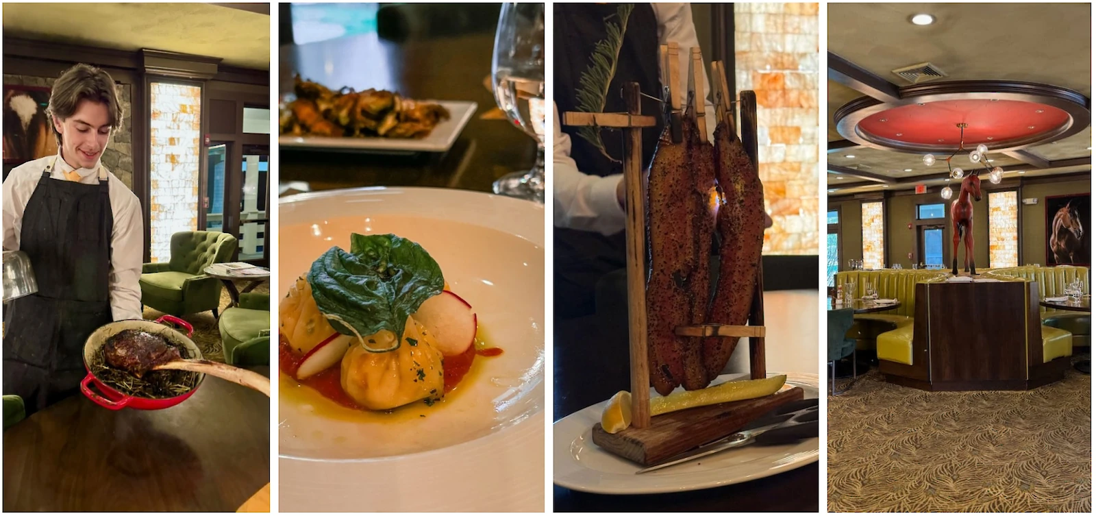 A waiter serves steak, plates with food, meat on hooks, a restaurant interior with green and yellow seating.