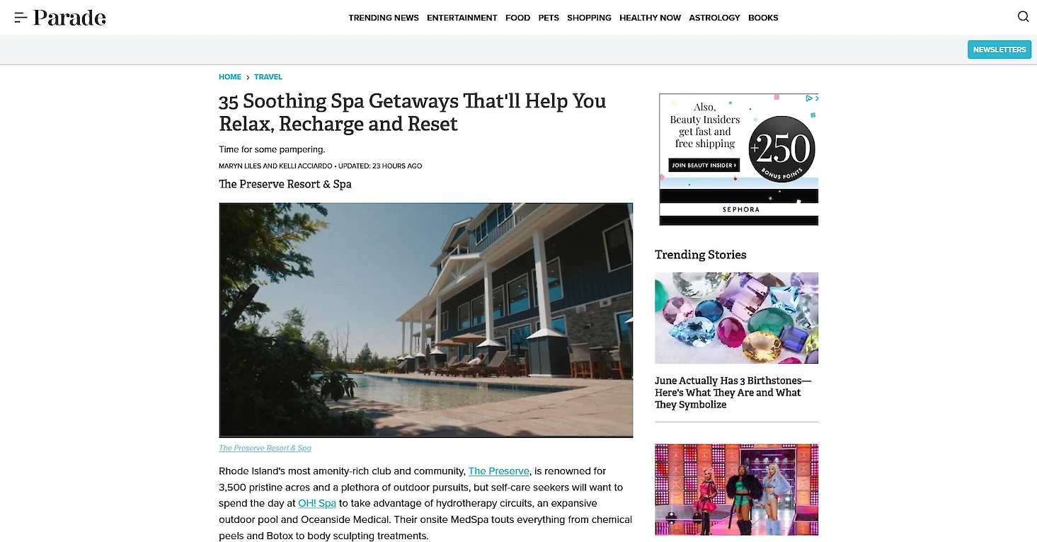 The Preserve Resort & Spa featured in Parade.com's list of top spa getaways.