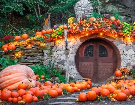 Hobbit House adorned with pumpkins and autumn decorations at The Preserve Sporting Club & Resort