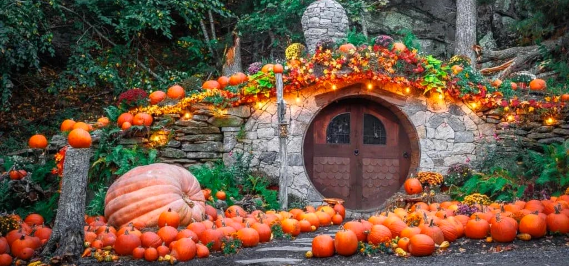 Hobbit House adorned with pumpkins and autumn decorations at The Preserve Sporting Club & Resort