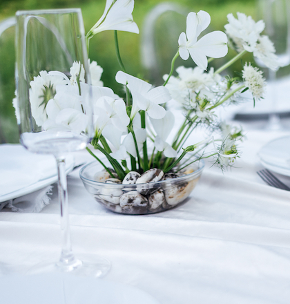 A table set with elegant white flowers in a glass vase, white plates, and wine glasses on a smooth, white tablecloth.