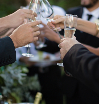 A group of people toasting with champagne glasses at a celebration, with a chilled bottle in an ice bucket nearby.