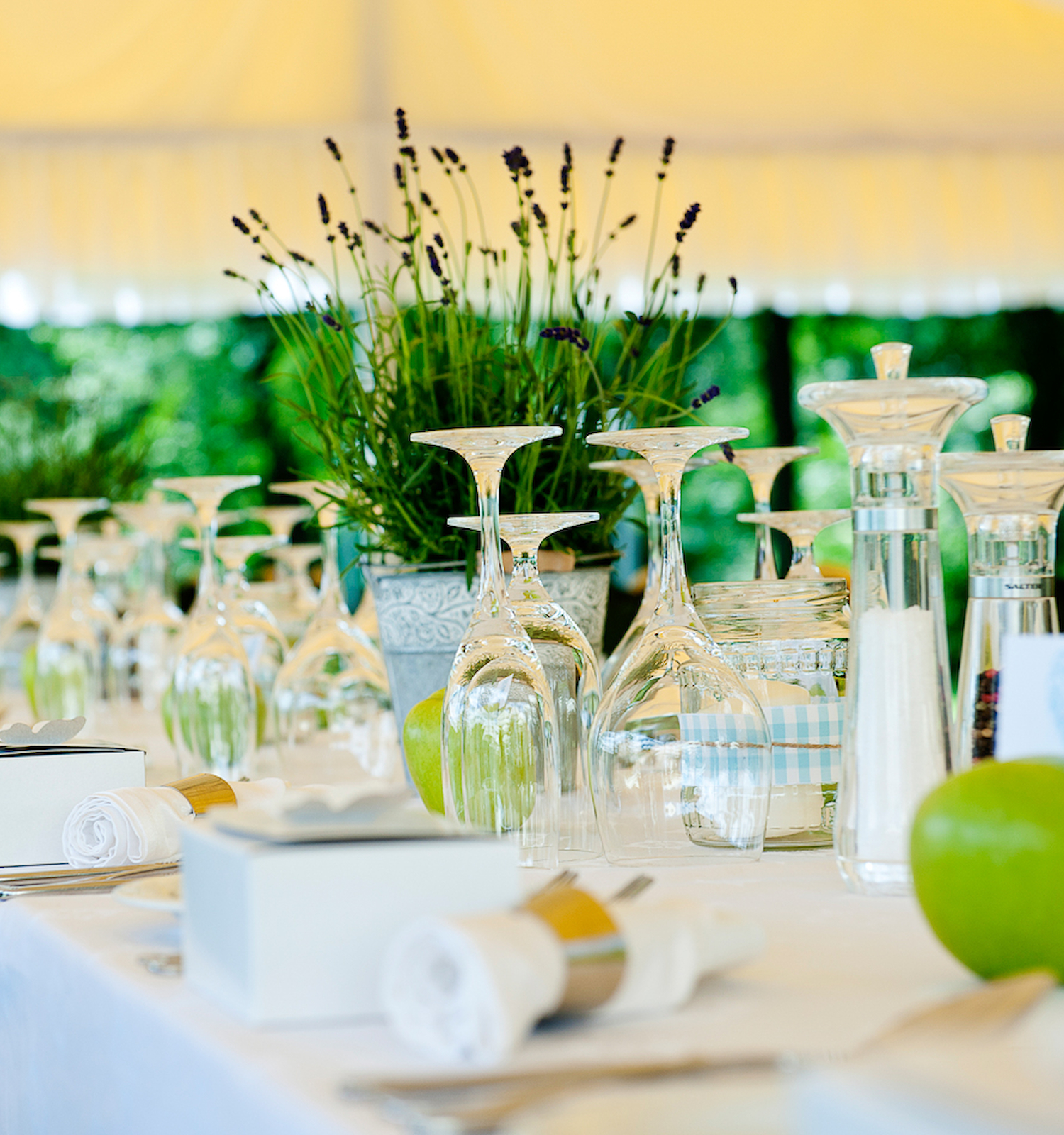 A table setting with upside-down wine glasses, green apples, napkins, and a potted plant centerpiece, outdoors under a canopy.